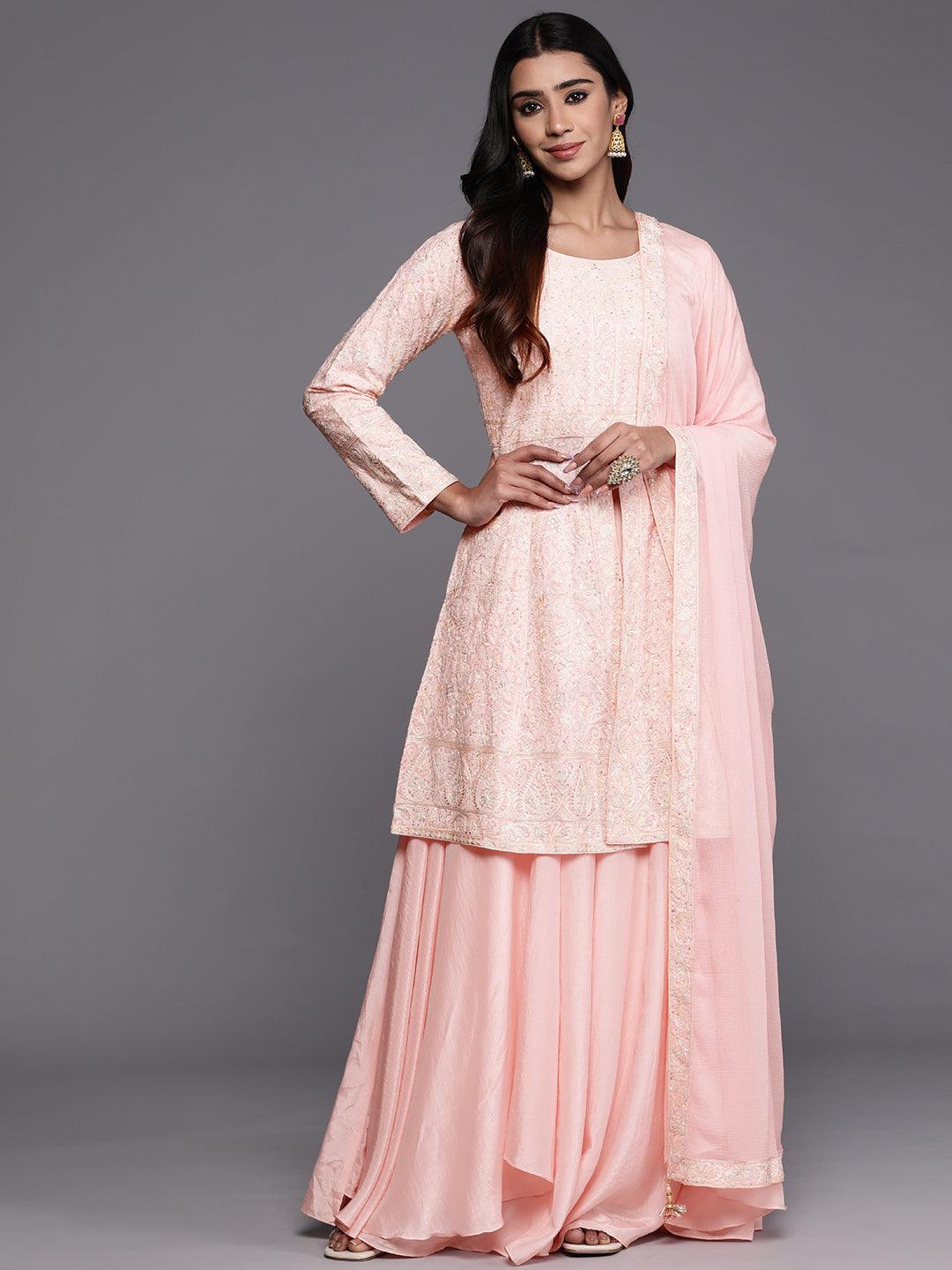 Libas Art Peach Embroidered Silk Blend A-Line Kurta With Palazzos & Dupatta - Libas 