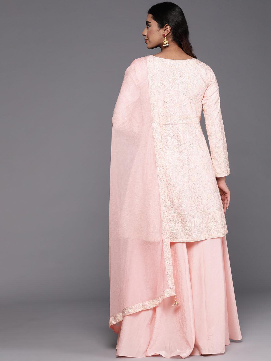 Libas Art Peach Embroidered Silk Blend A-Line Kurta With Palazzos & Dupatta - Libas 