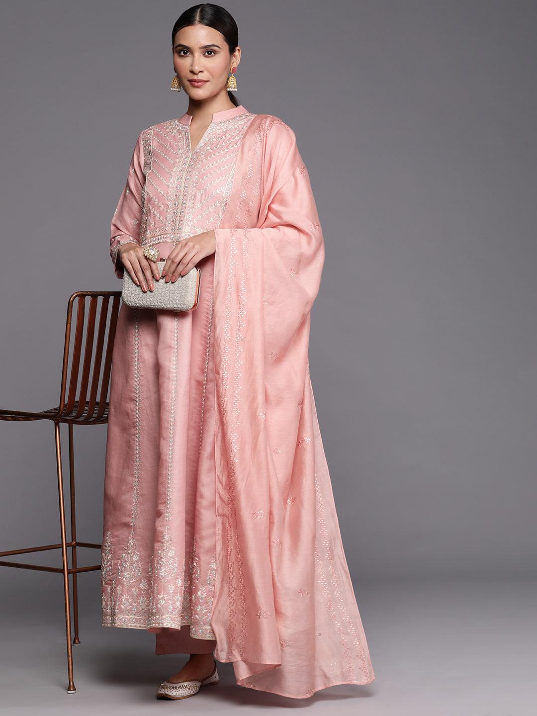 Libas Art Peach Embroidered Silk Blend A-Line Kurta With Trousers & Dupatta - Libas 