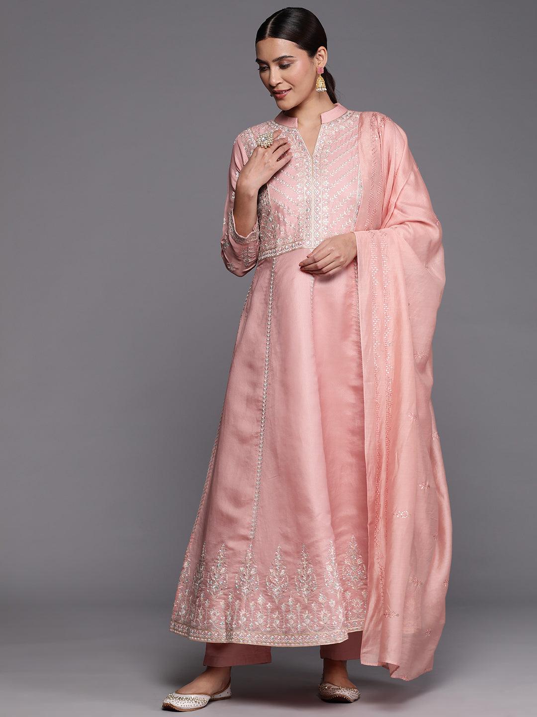 Libas Art Peach Embroidered Silk Blend A-Line Kurta With Trousers & Dupatta - Libas 