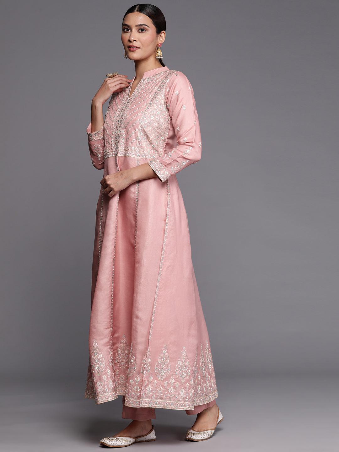 Libas Art Peach Embroidered Silk Blend A-Line Kurta With Trousers & Dupatta - Libas 