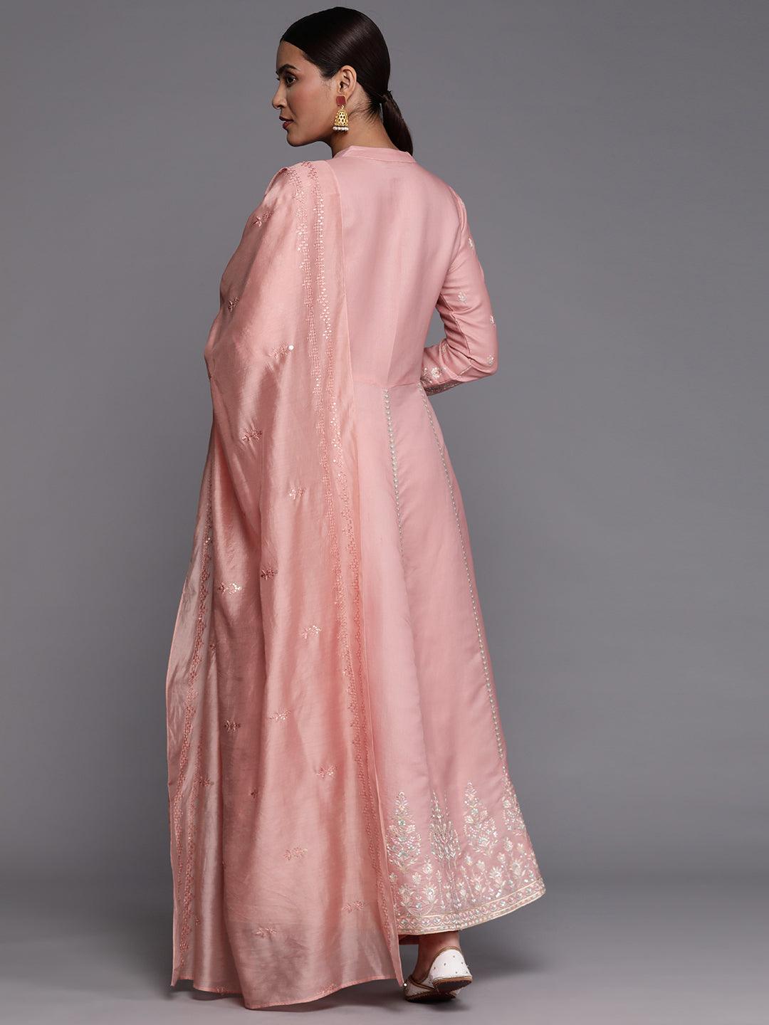 Libas Art Peach Embroidered Silk Blend A-Line Kurta With Trousers & Dupatta - Libas 