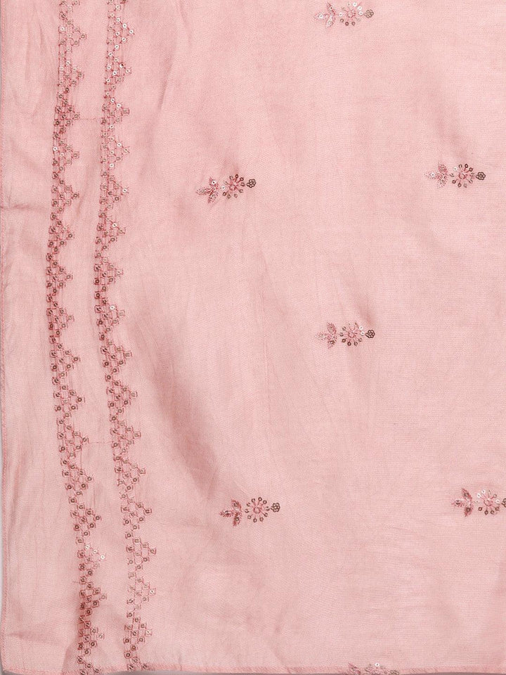 Libas Art Peach Embroidered Silk Blend A-Line Kurta With Trousers & Dupatta - Libas