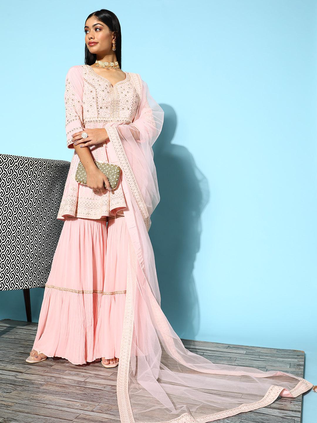 Libas Art Peach Embroidered Silk Blend A-Line Sharara Suit Set - Libas 