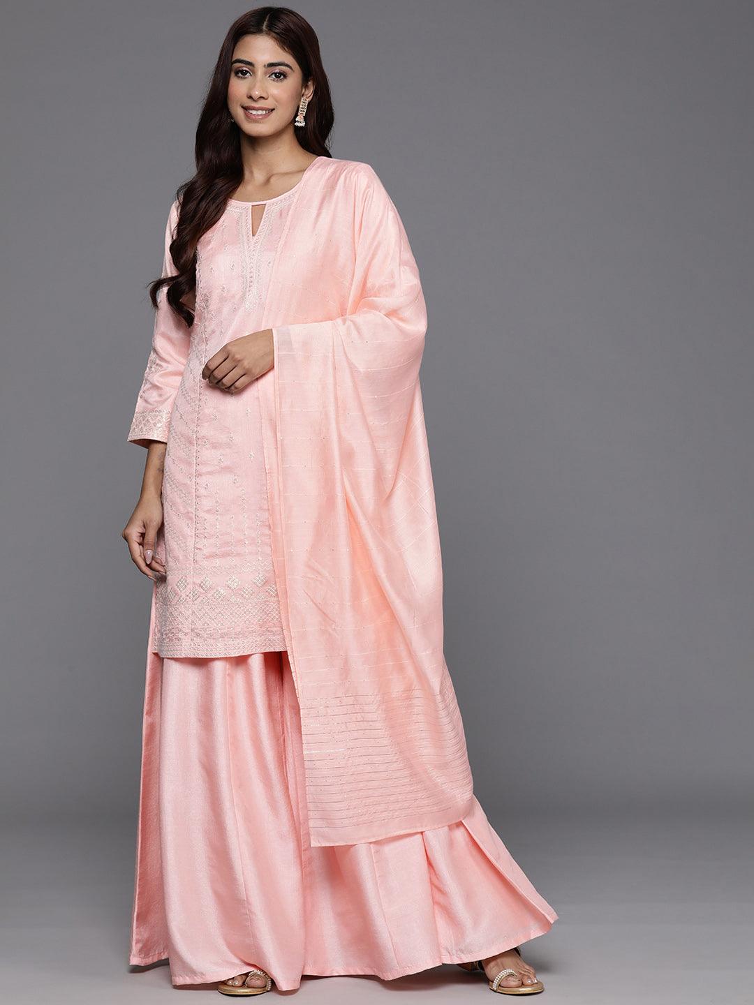 Libas Art Peach Embroidered Silk Blend Straight Kurta With Palazzos & Dupatta - Libas 