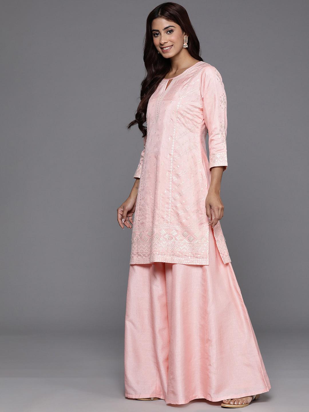 Libas Art Peach Embroidered Silk Blend Straight Kurta With Palazzos & Dupatta - Libas 