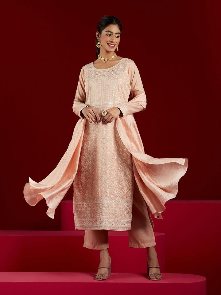 Libas Art Peach Embroidered Silk Blend Straight Kurta With Trousers & Dupatta - Libas