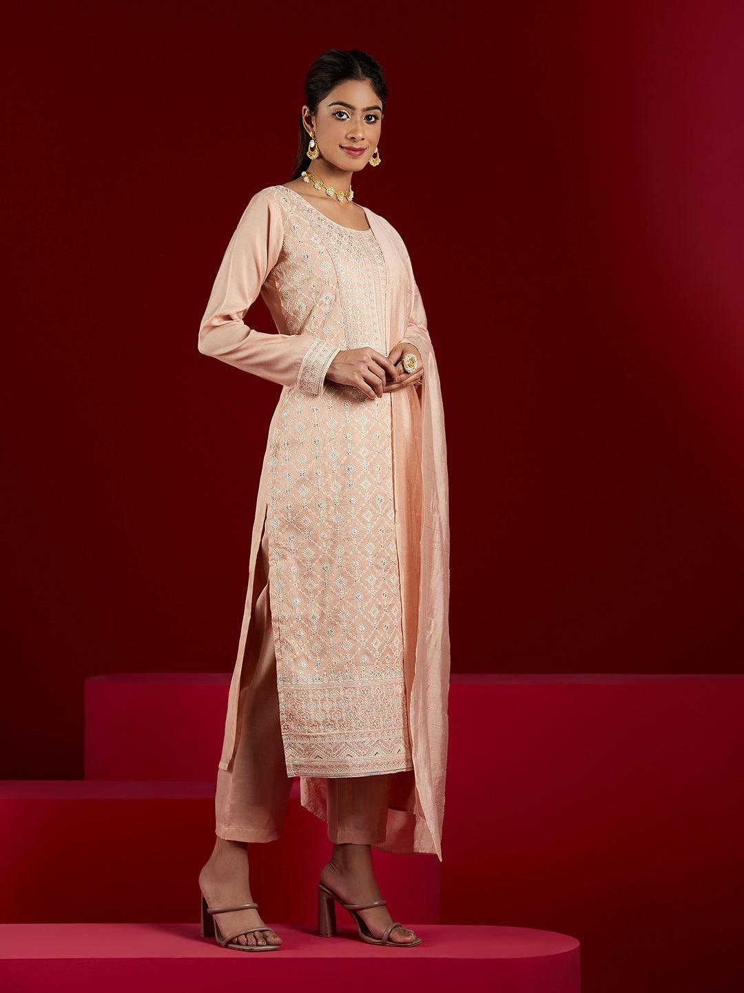 Libas Art Peach Embroidered Silk Blend Straight Kurta With Trousers & Dupatta - Libas 