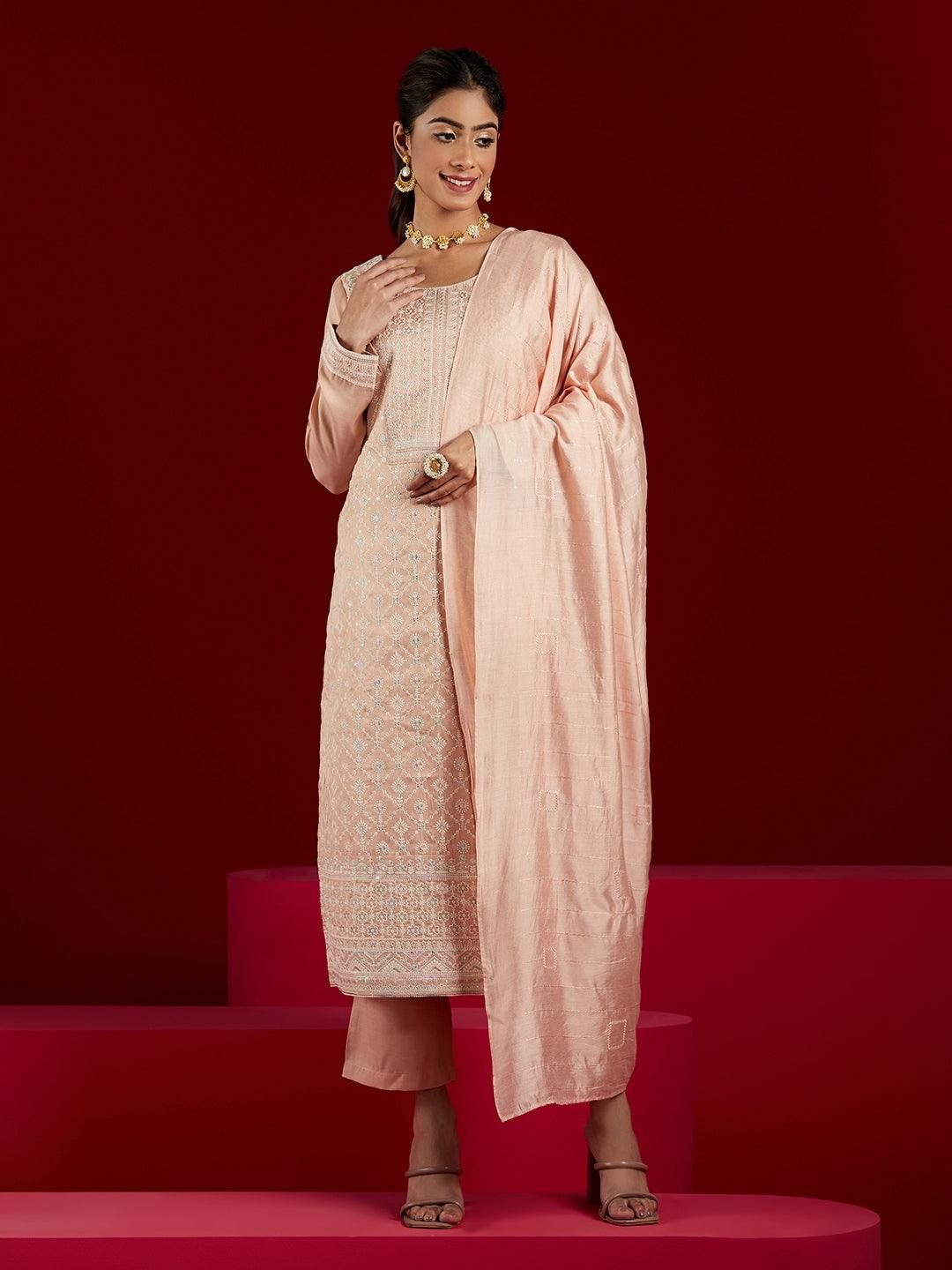 Libas Art Peach Embroidered Silk Blend Straight Kurta With Trousers & Dupatta - Libas 