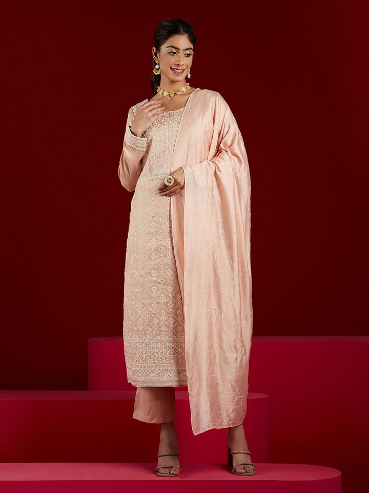 Libas Art Peach Embroidered Silk Blend Straight Kurta With Trousers & Dupatta - Libas