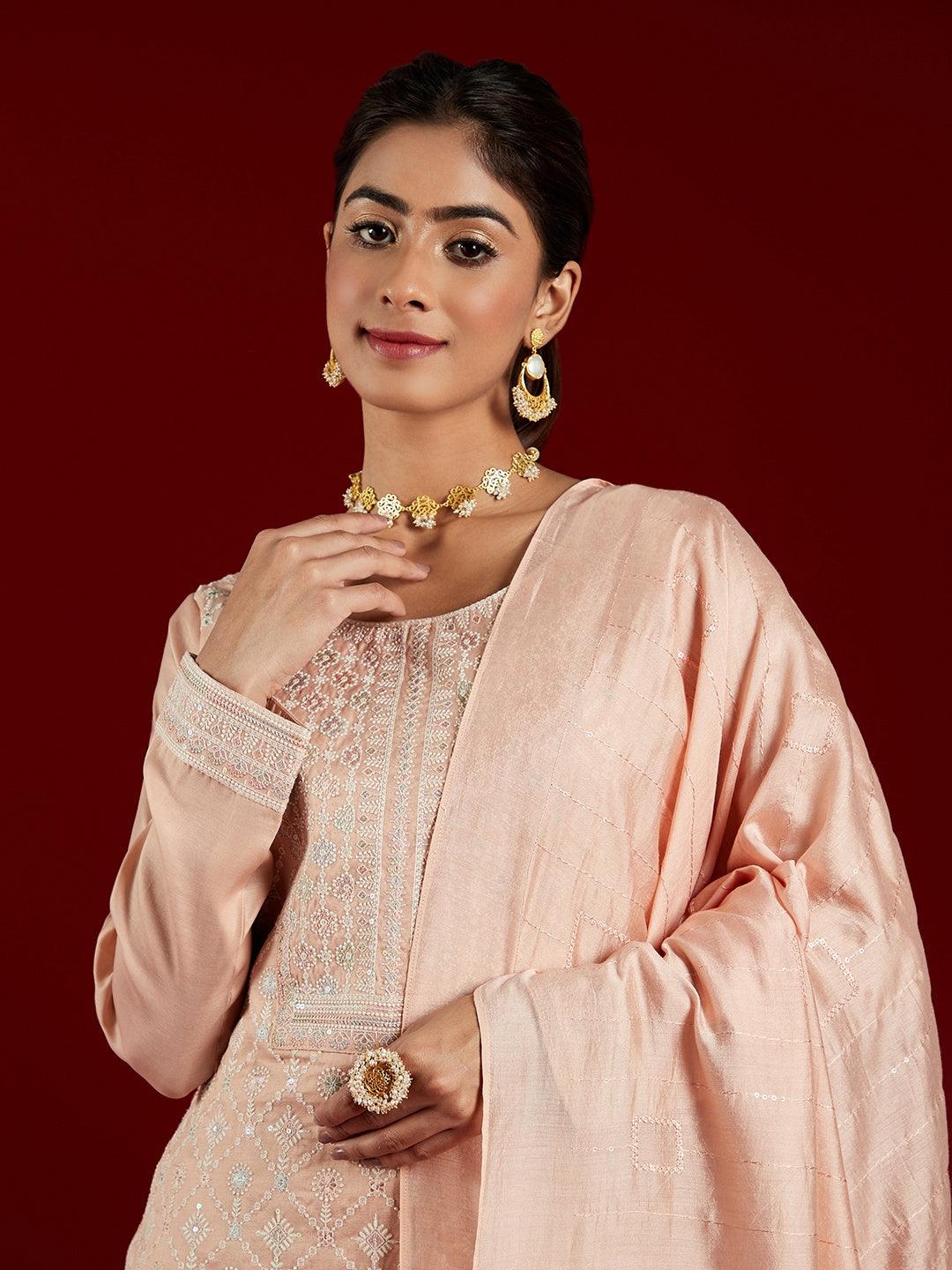 Libas Art Peach Embroidered Silk Blend Straight Kurta With Trousers & Dupatta - Libas