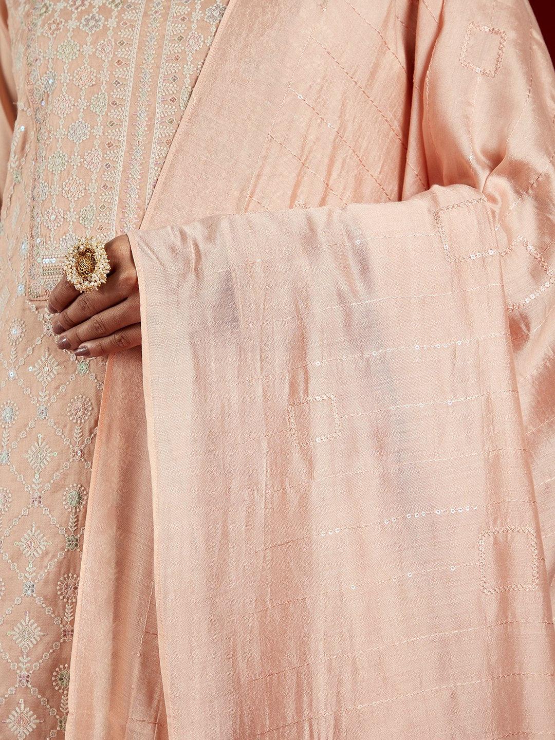 Libas Art Peach Embroidered Silk Blend Straight Kurta With Trousers & Dupatta - Libas 