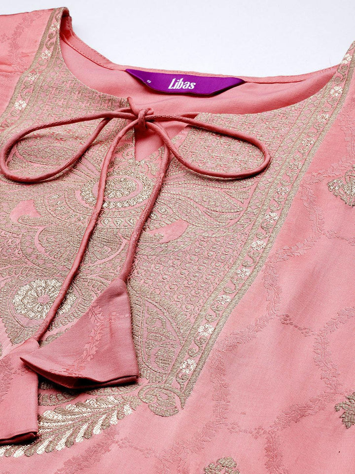 Libas Art Peach Woven Design Silk Straight Kurta With Trousers & Dupatta - Libas