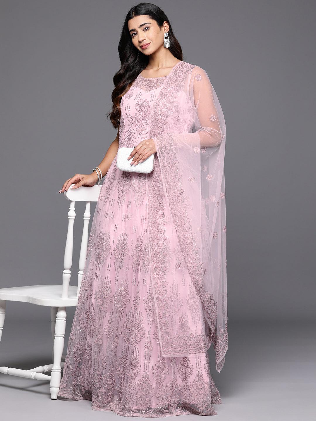 Libas Art Pink Embellished Net Gown Dress With Dupatta - Libas