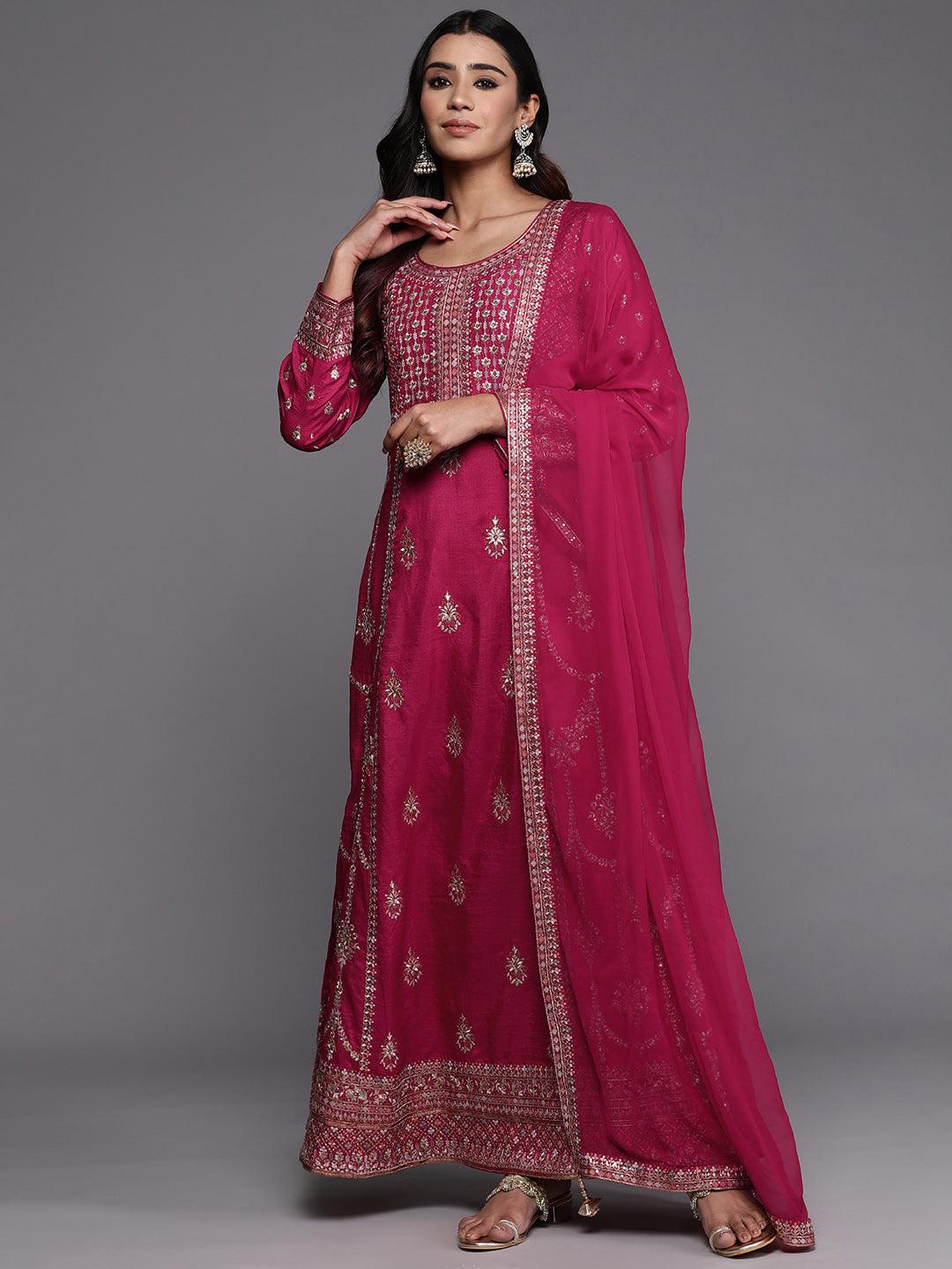 Libas Art Pink Embroidered Silk Blend A-Line Kurta With Trousers & Dupatta - Libas