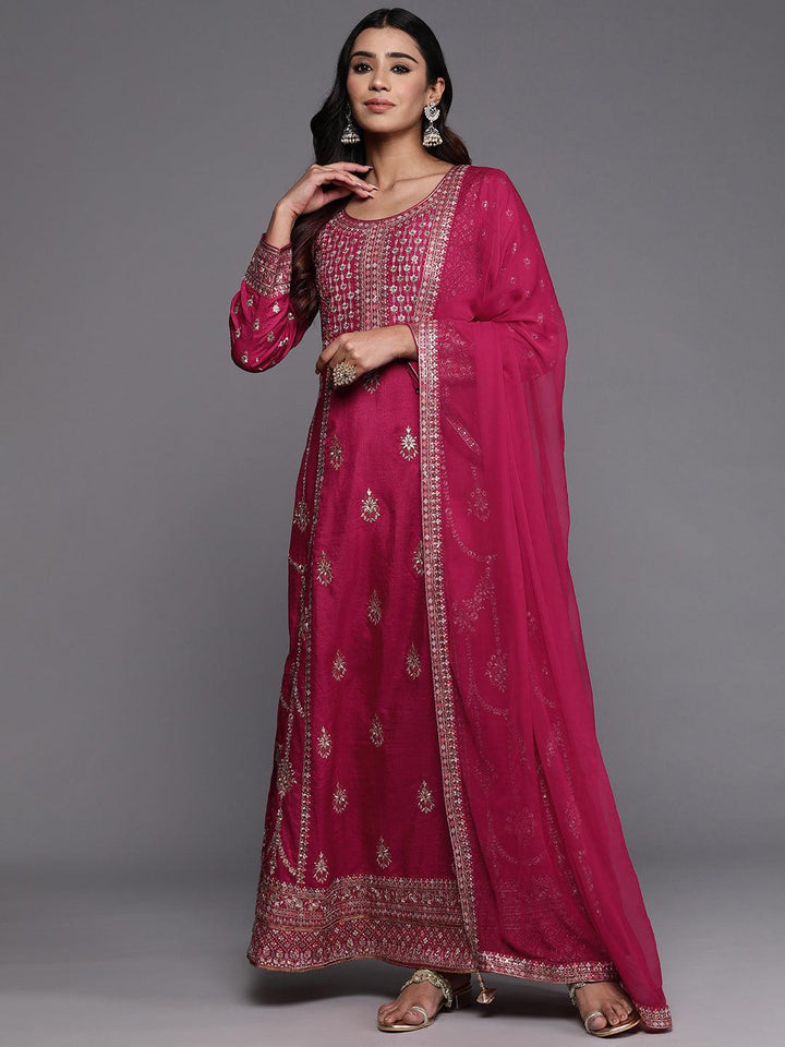 Libas Art Pink Embroidered Silk Blend A-Line Kurta With Trousers & Dupatta - Libas