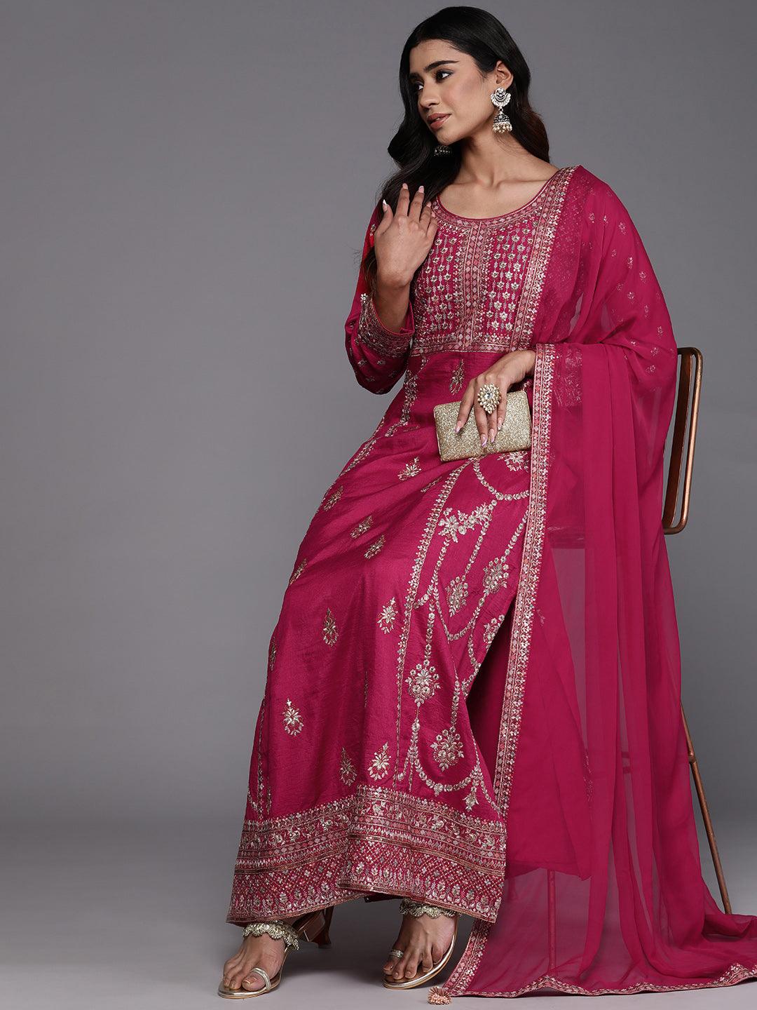 Libas Art Pink Embroidered Silk Blend A-Line Kurta With Trousers & Dupatta - Libas