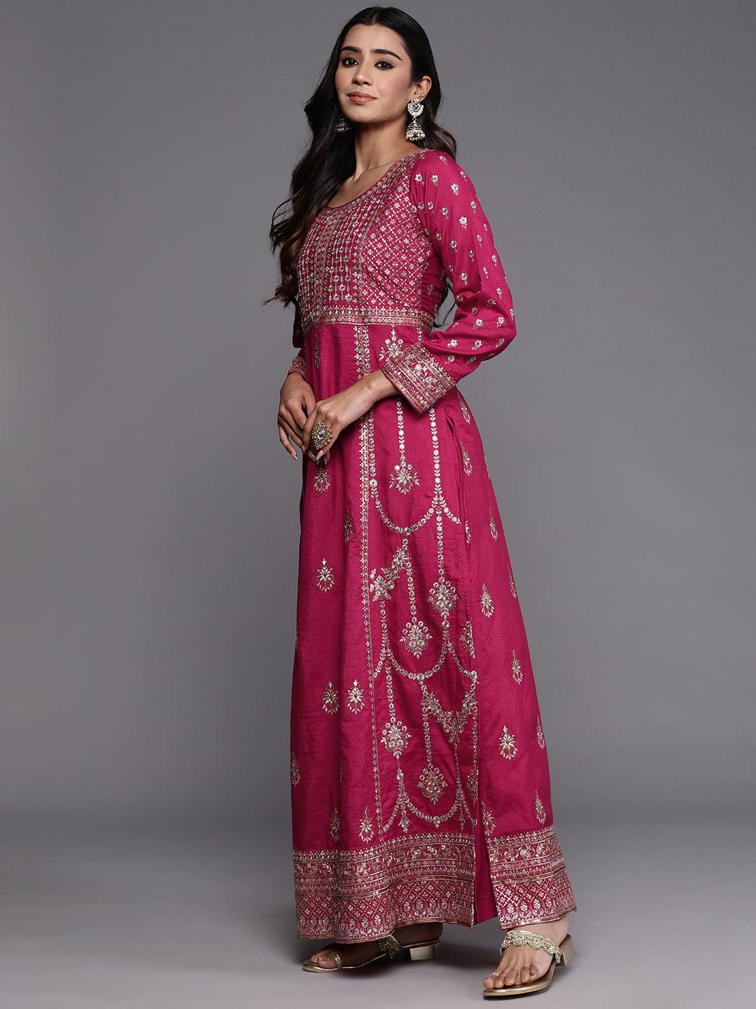 Libas Art Pink Embroidered Silk Blend A-Line Kurta With Trousers & Dupatta - Libas