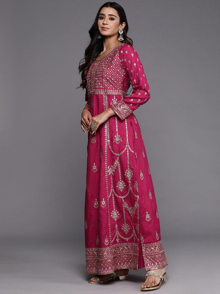 Libas Art Pink Embroidered Silk Blend A-Line Kurta With Trousers & Dupatta - Libas