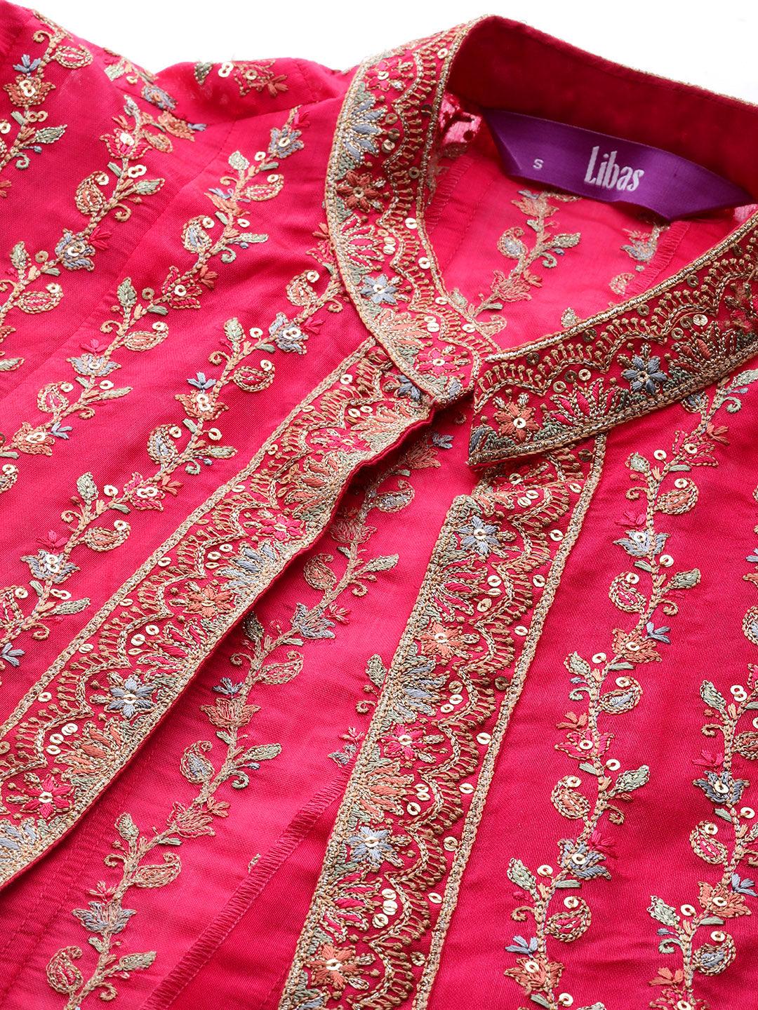 Libas Art Pink Embroidered Silk Co-ord Set - Libas 