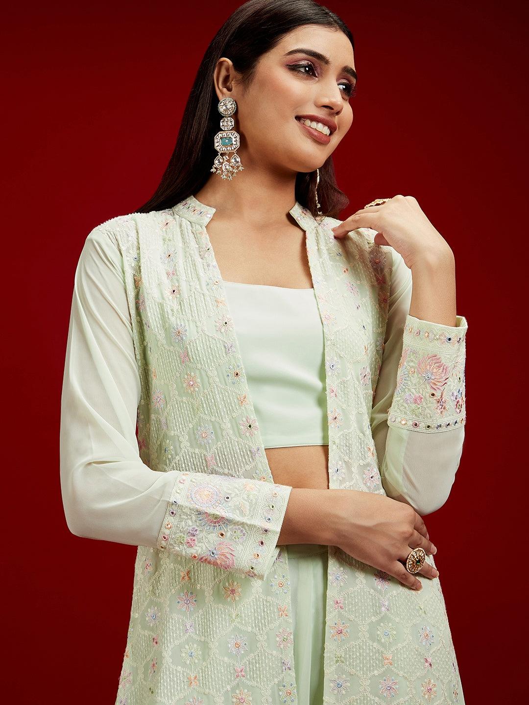 Libas Art Pista Green Embroidered Georgette Top & Palazzo With Dupatta - Libas 