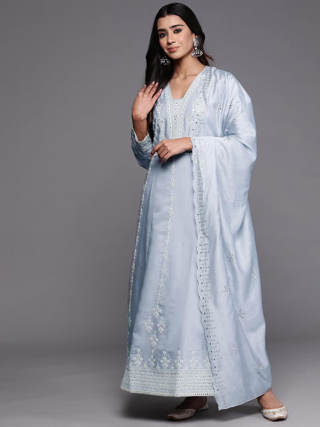 Libas Art Powder Blue Embroidered Silk Blend A-Line Kurta With Trousers & Dupatta - Libas 