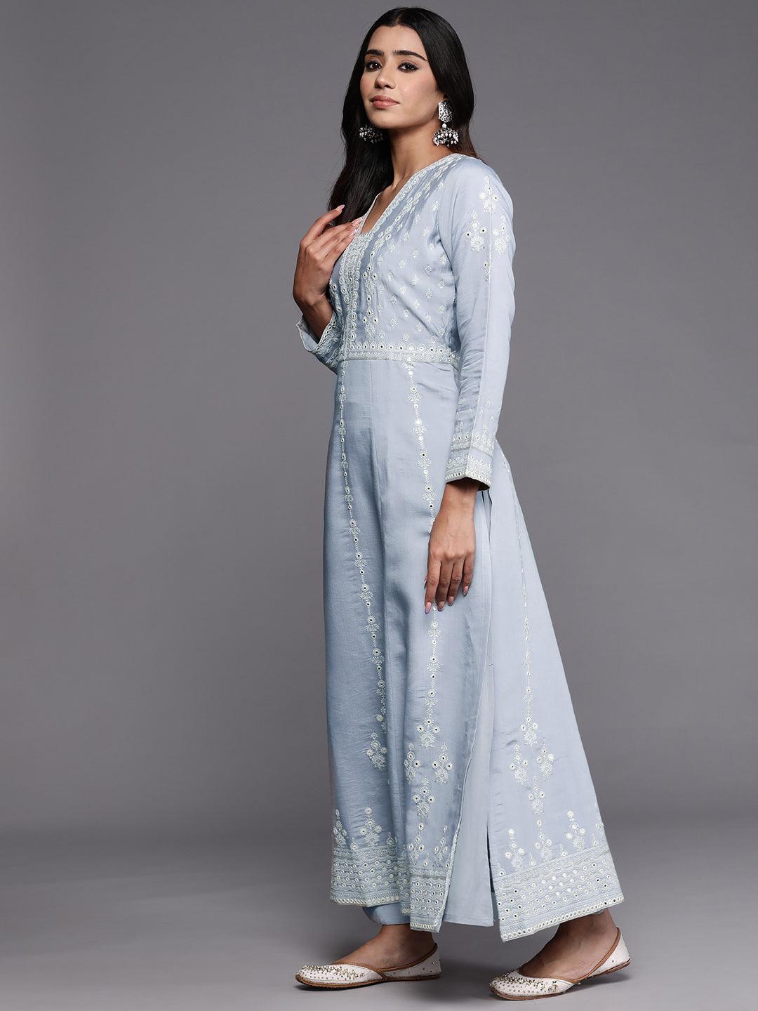 Libas Art Powder Blue Embroidered Silk Blend A-Line Kurta With Trousers & Dupatta - Libas 