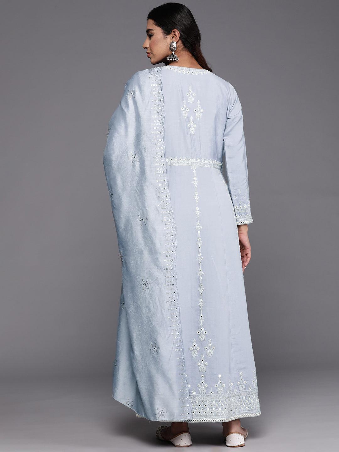 Libas Art Powder Blue Embroidered Silk Blend A-Line Kurta With Trousers & Dupatta - Libas 