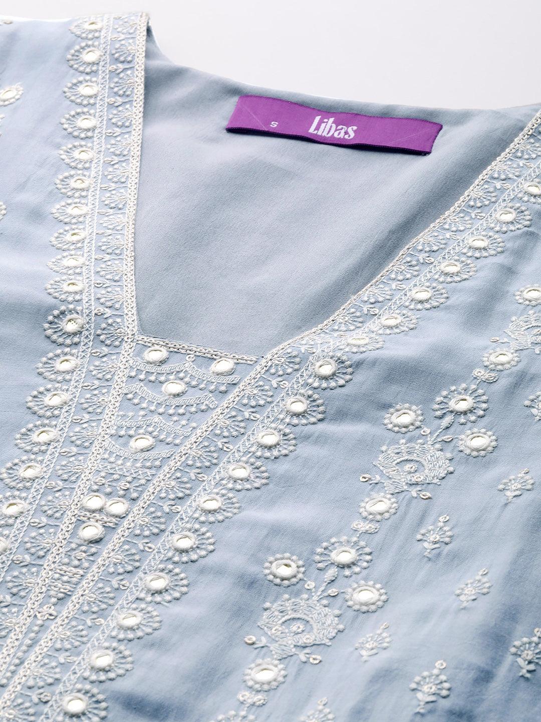 Libas Art Powder Blue Embroidered Silk Blend A-Line Kurta With Trousers & Dupatta - Libas 