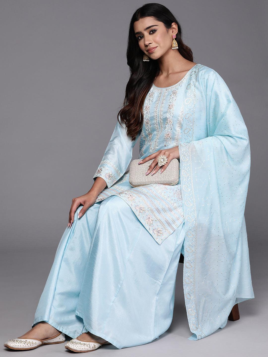 Libas Art Powder Blue Embroidered Silk Blend Straight Kurta With Palazzos & Dupatta - Libas 