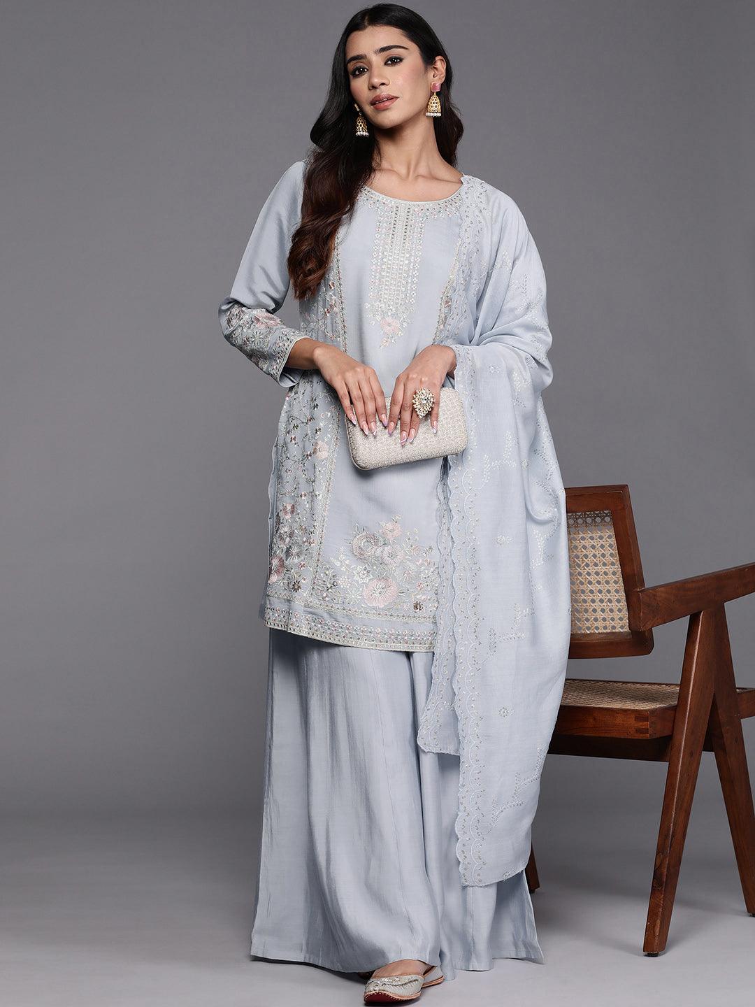 Libas Art Powder Blue Embroidered Silk Blend Straight Kurta With Palazzos & Dupatta - Libas 