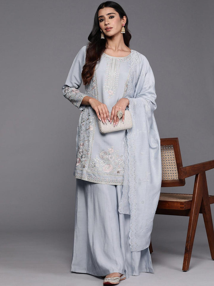 Libas Art Powder Blue Embroidered Silk Blend Straight Kurta With Palazzos & Dupatta - Libas