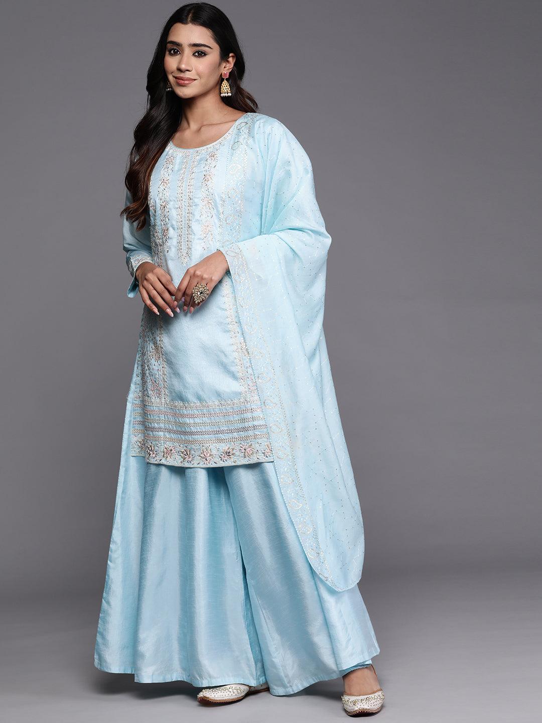 Libas Art Powder Blue Embroidered Silk Blend Straight Kurta With Palazzos & Dupatta - Libas 