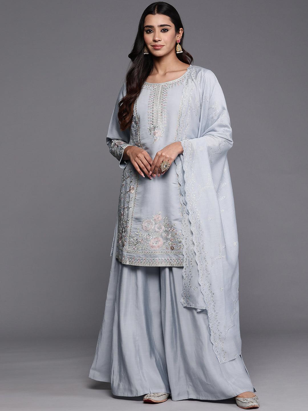 Libas Art Powder Blue Embroidered Silk Blend Straight Kurta With Palazzos & Dupatta - Libas