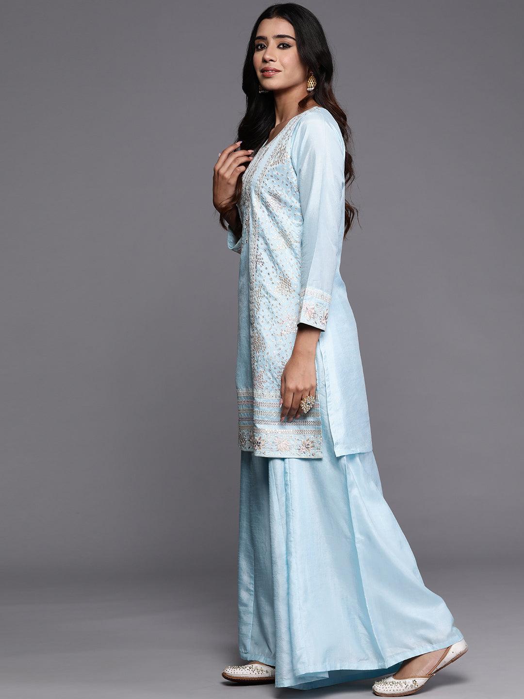 Libas Art Powder Blue Embroidered Silk Blend Straight Kurta With Palazzos & Dupatta - Libas 