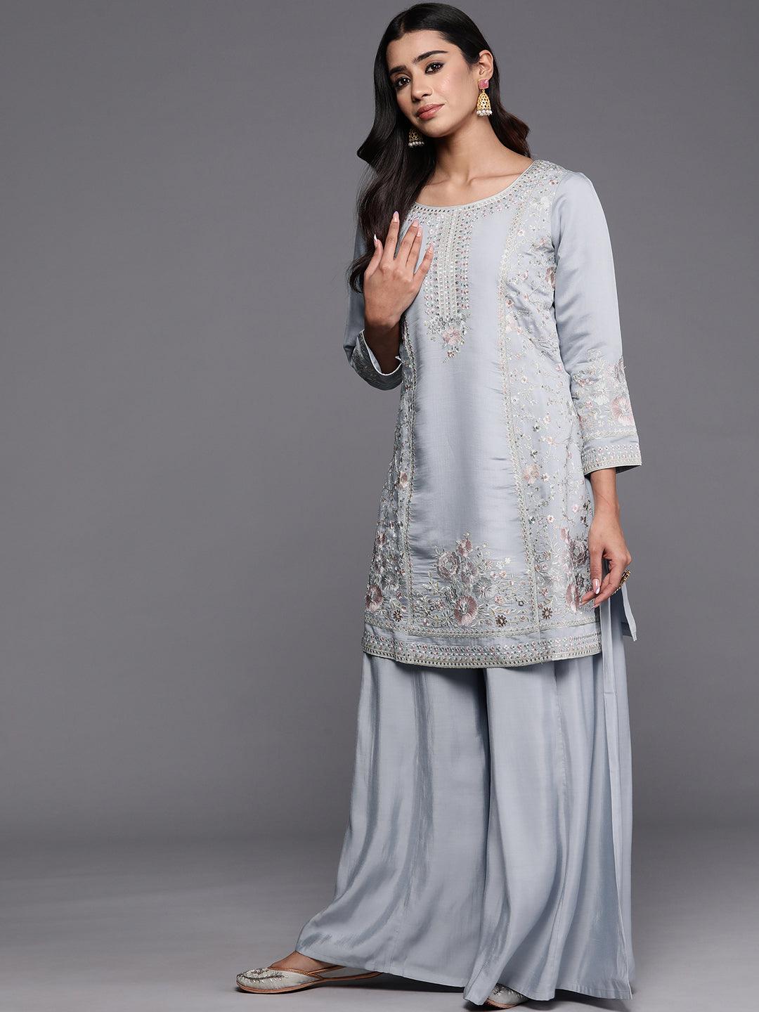 Libas Art Powder Blue Embroidered Silk Blend Straight Kurta With Palazzos & Dupatta - Libas 