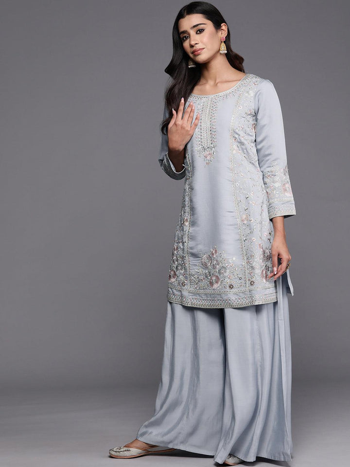 Libas Art Powder Blue Embroidered Silk Blend Straight Kurta With Palazzos & Dupatta - Libas