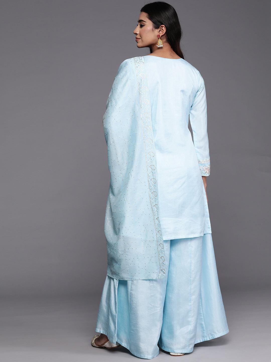 Libas Art Powder Blue Embroidered Silk Blend Straight Kurta With Palazzos & Dupatta - Libas 