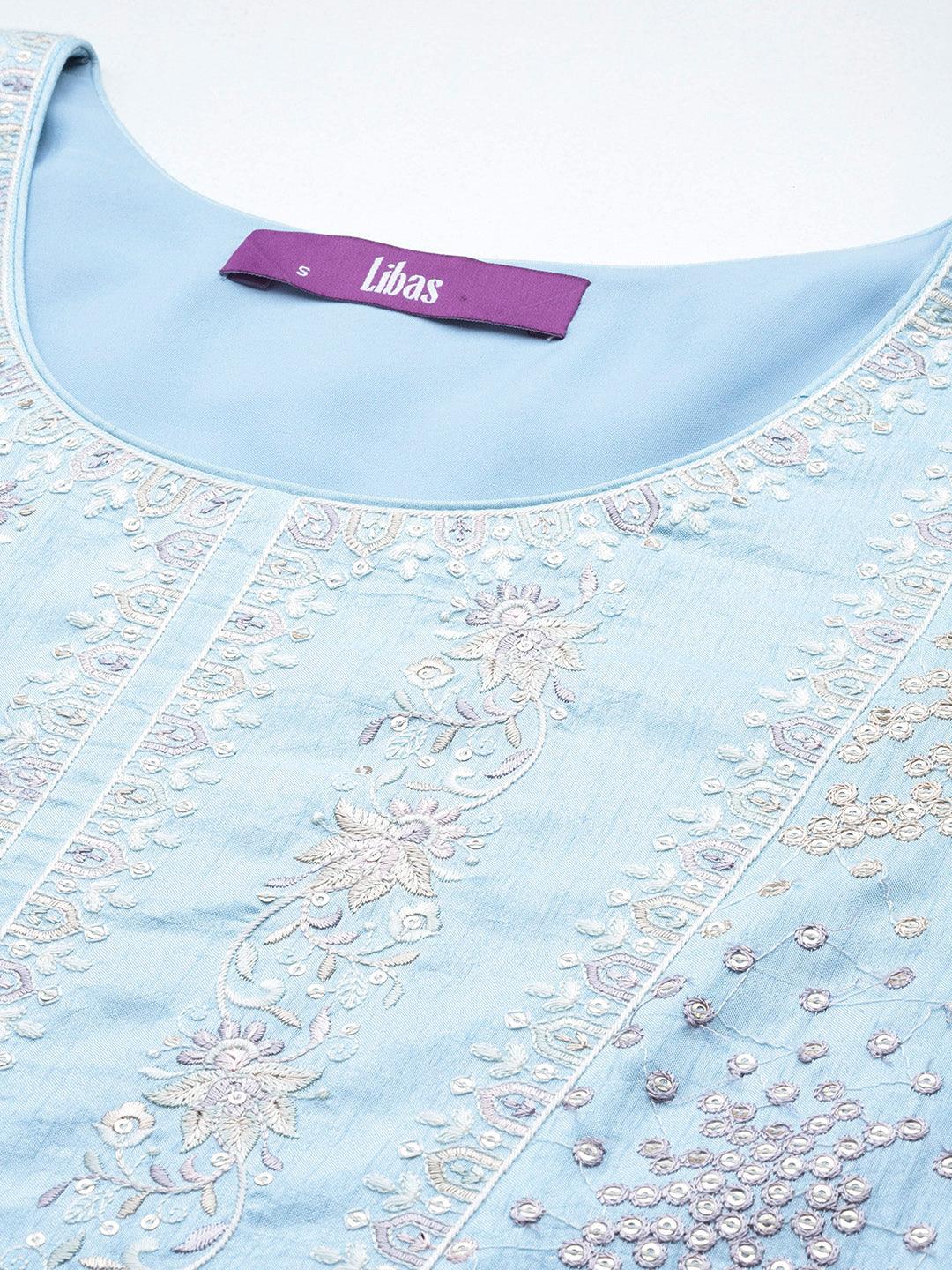 Libas Art Powder Blue Embroidered Silk Blend Straight Kurta With Palazzos & Dupatta - Libas 