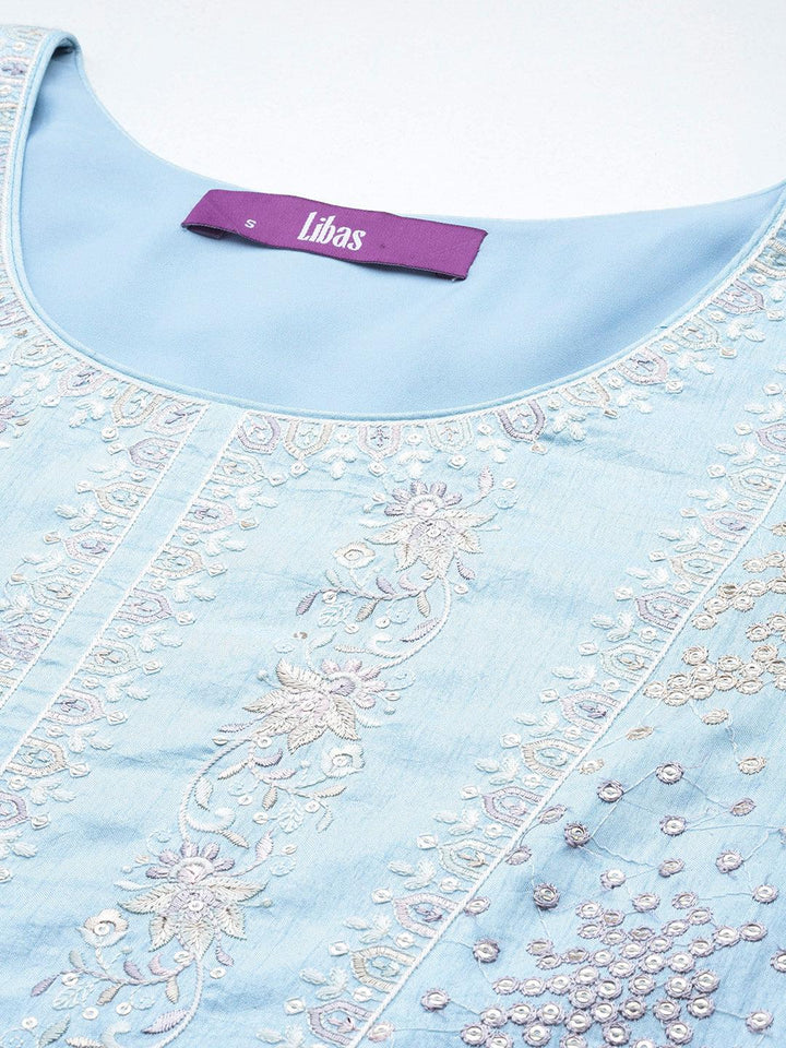 Libas Art Powder Blue Embroidered Silk Blend Straight Kurta With Palazzos & Dupatta - Libas