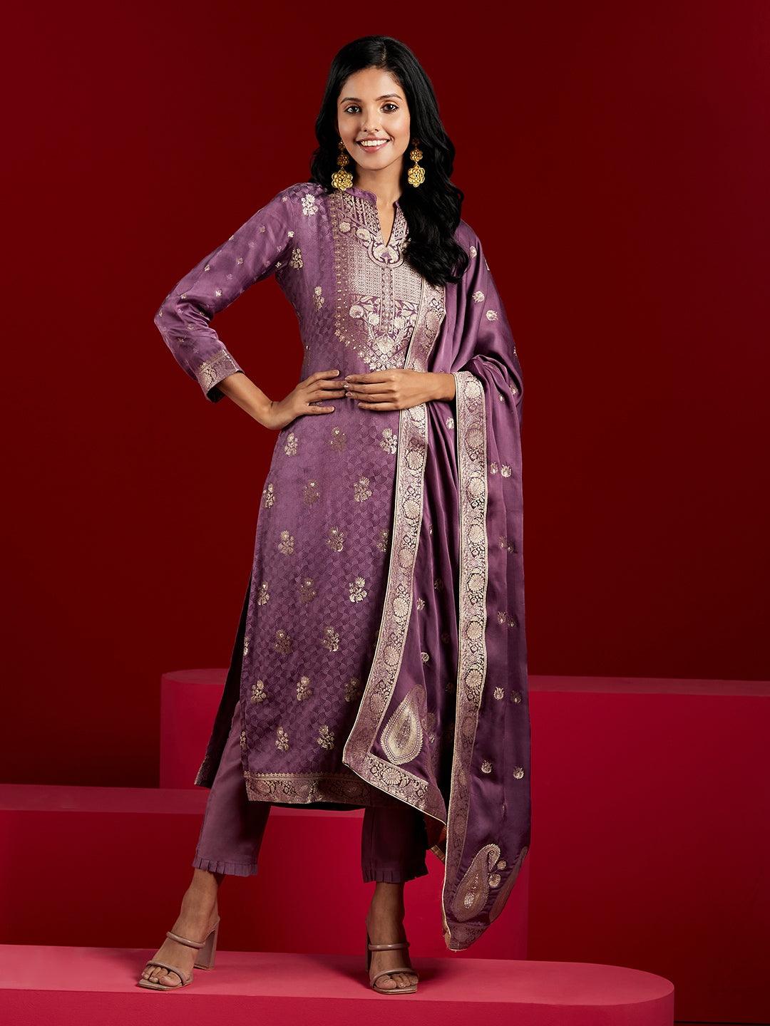 Libas Art Purple Self Design Silk Straight Kurta With Trousers & Dupatta - Libas