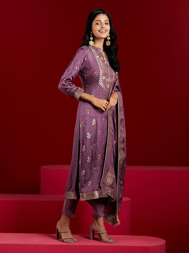 Libas Art Purple Self Design Silk Straight Kurta With Trousers & Dupatta - Libas