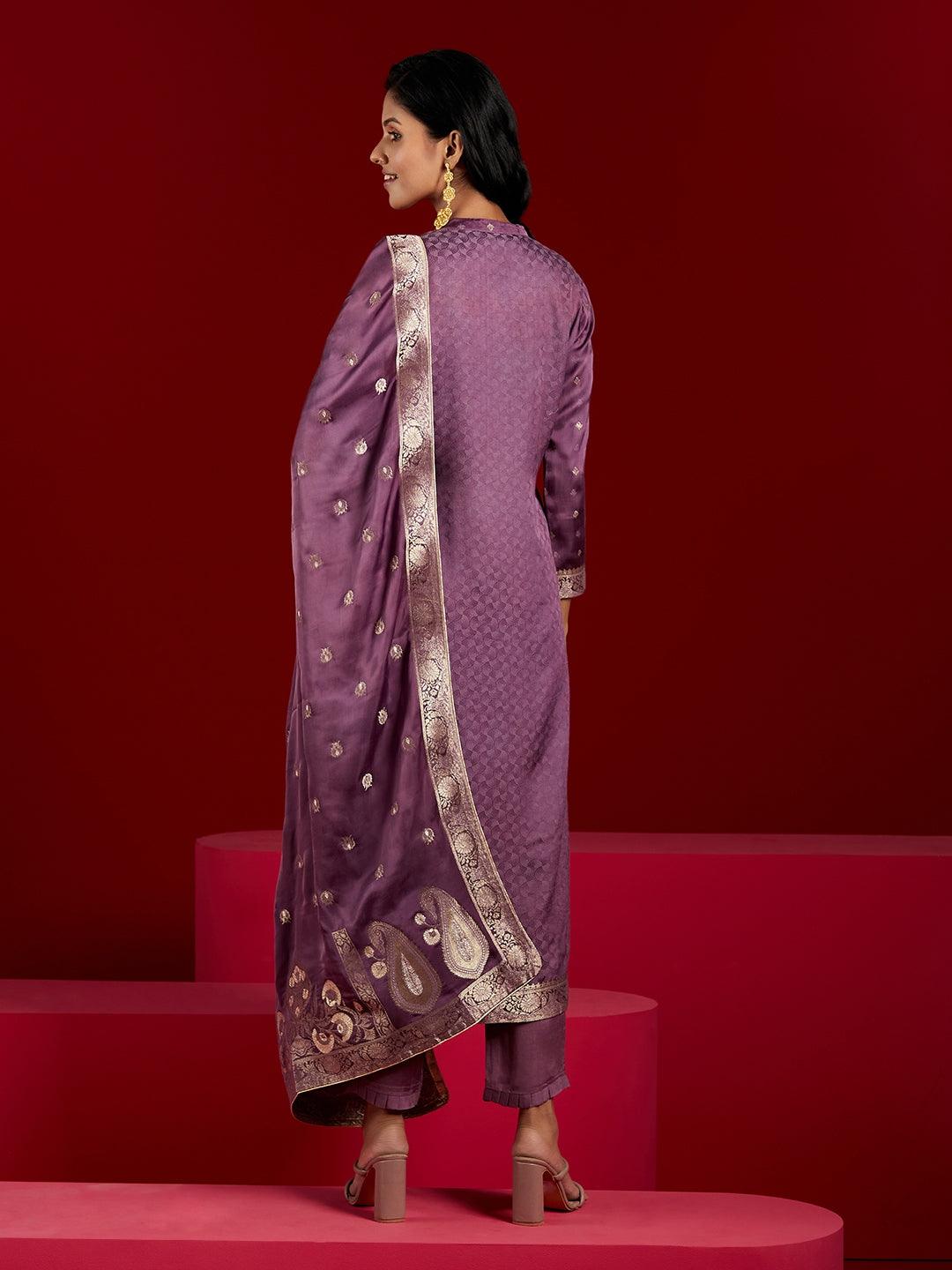 Libas Art Purple Self Design Silk Straight Kurta With Trousers & Dupatta - Libas