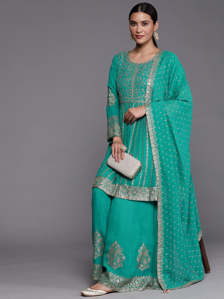 Libas Art Rama Green Embroidered Georgette Anarkali Kurta With Palazzos & Dupatta - Libas