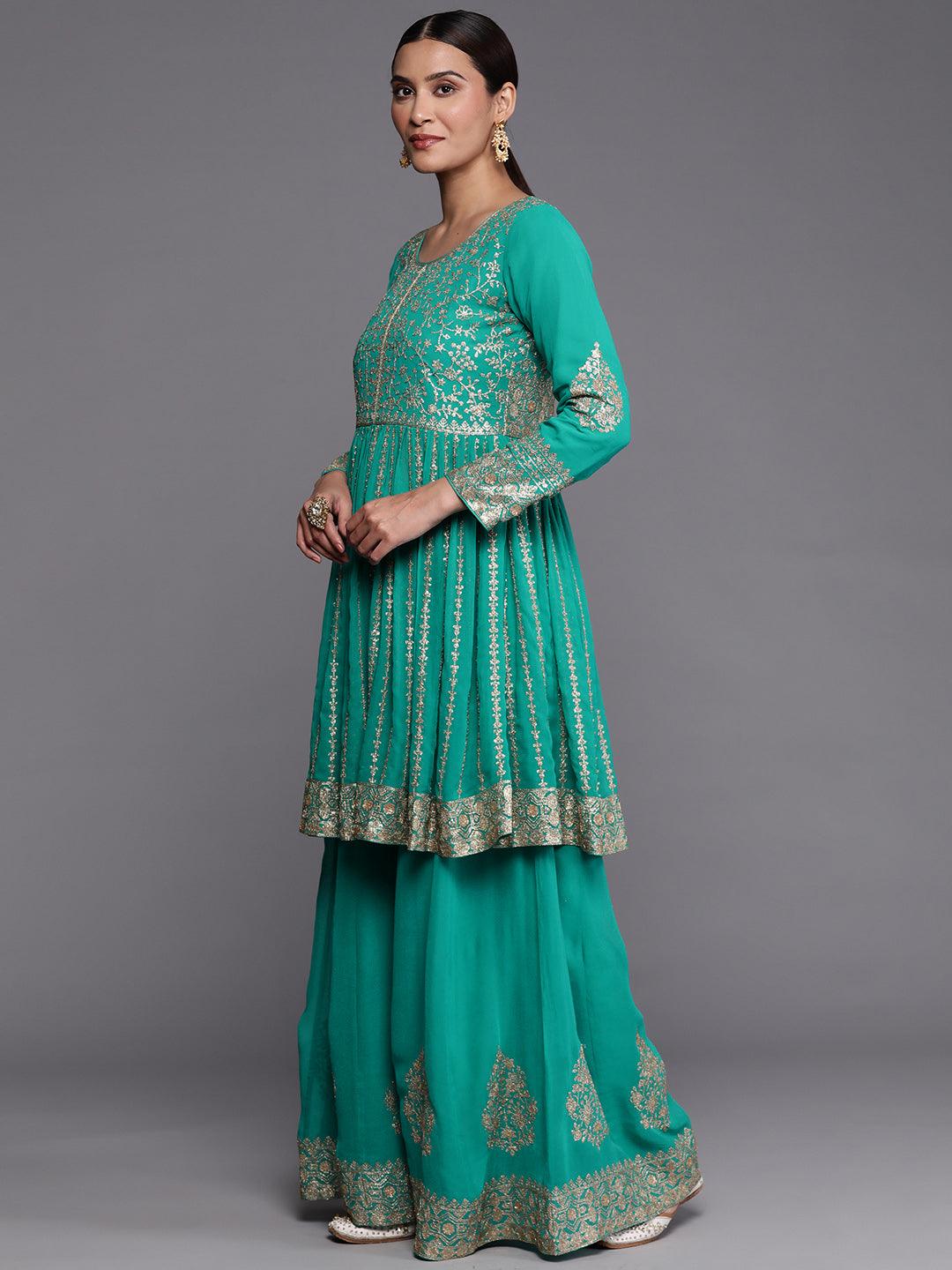 Libas Art Rama Green Embroidered Georgette Anarkali Kurta With Palazzos & Dupatta - Libas