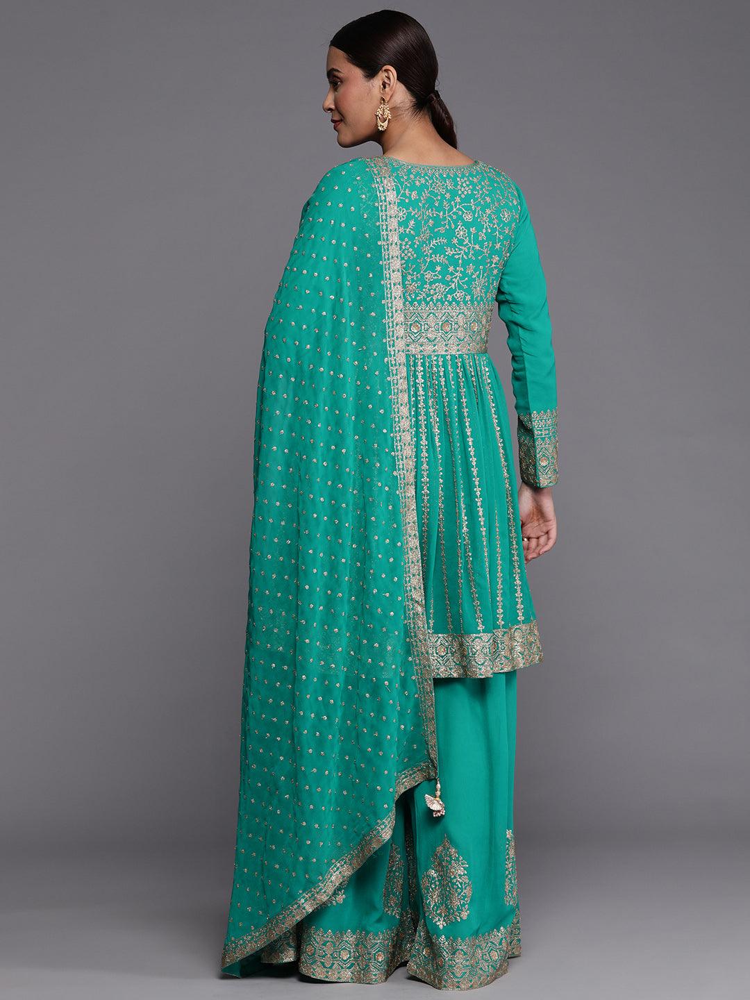 Libas Art Rama Green Embroidered Georgette Anarkali Kurta With Palazzos & Dupatta - Libas