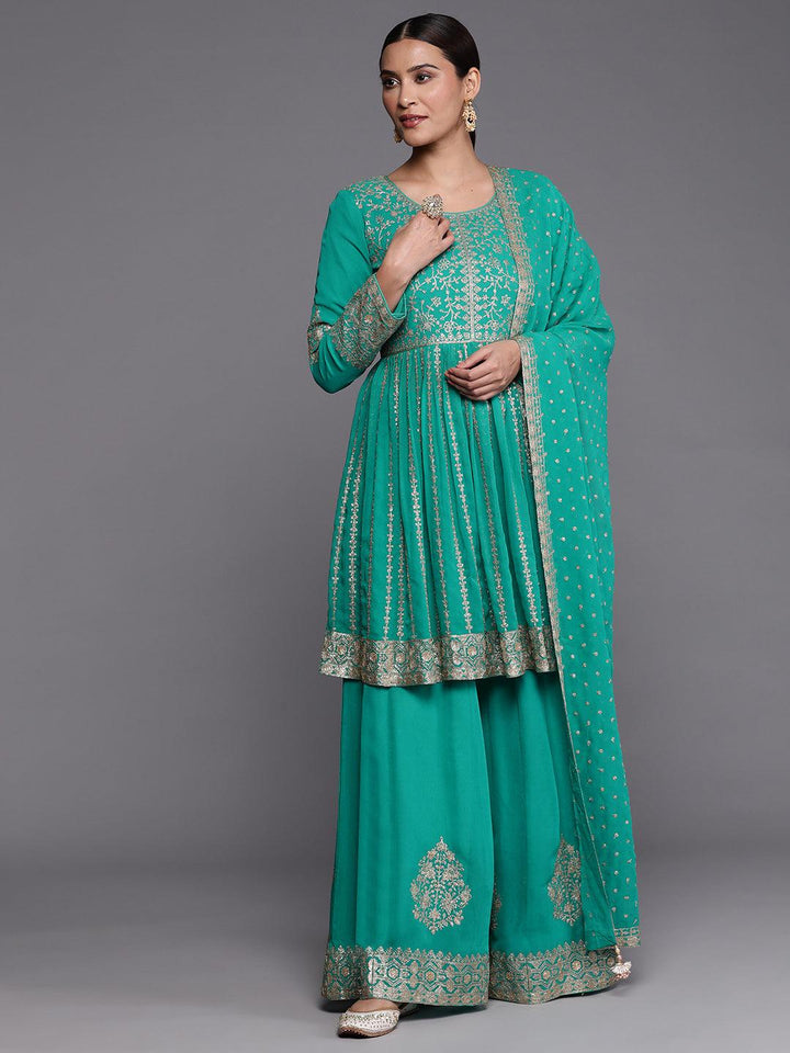 Libas Art Rama Green Embroidered Georgette Anarkali Kurta With Palazzos & Dupatta - Libas