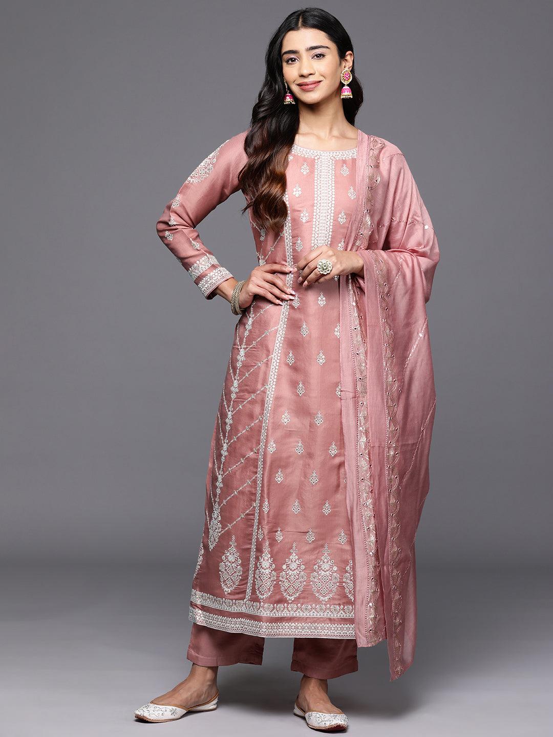 Libas Art Rusty Pink Embroidered Silk Blend A-Line Kurta With Trousers & Dupatta - Libas 