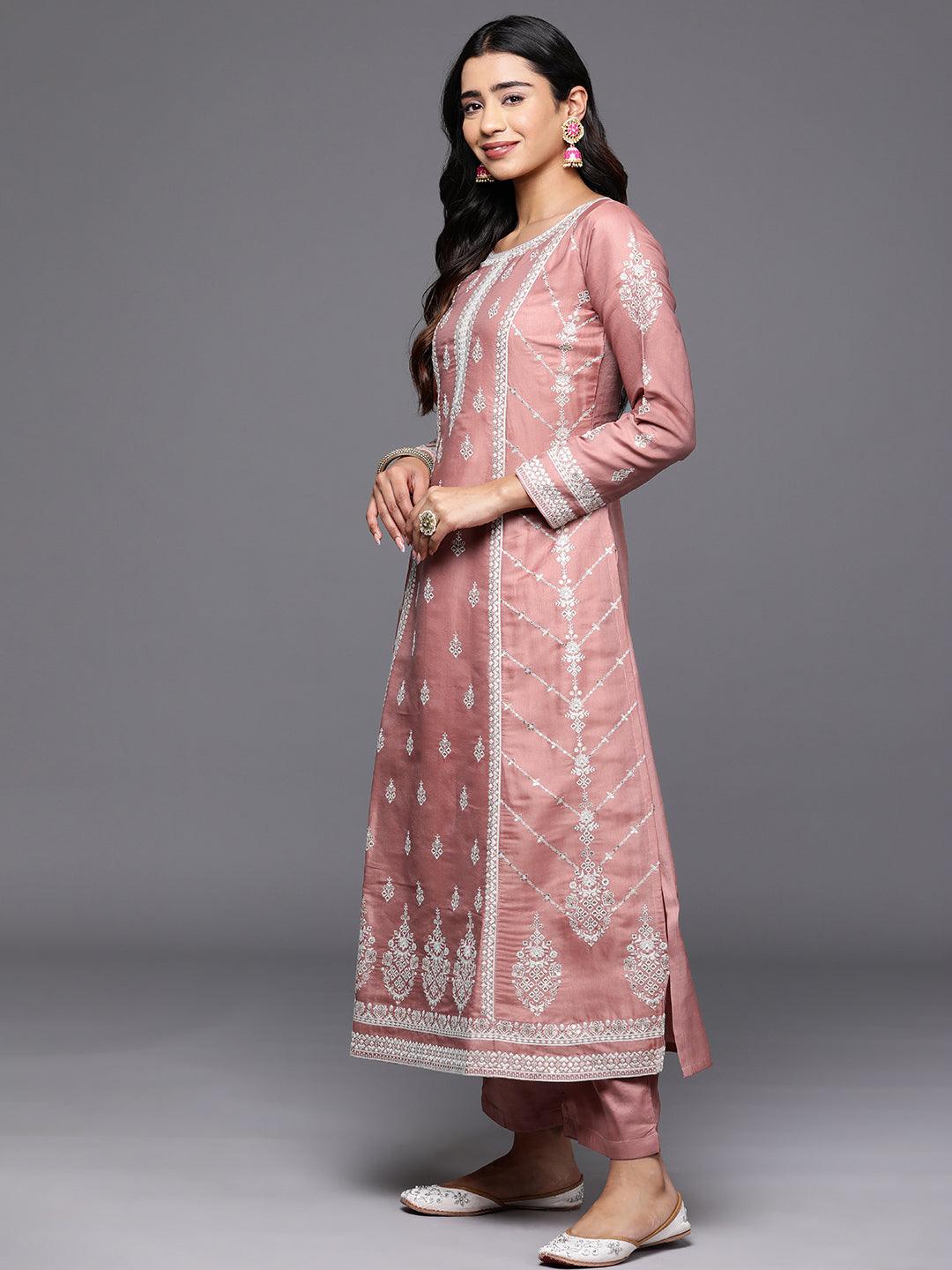 Libas Art Rusty Pink Embroidered Silk Blend A-Line Kurta With Trousers & Dupatta - Libas 