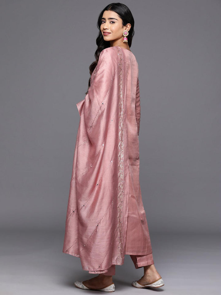 Libas Art Rusty Pink Embroidered Silk Blend A-Line Kurta With Trousers & Dupatta - Libas